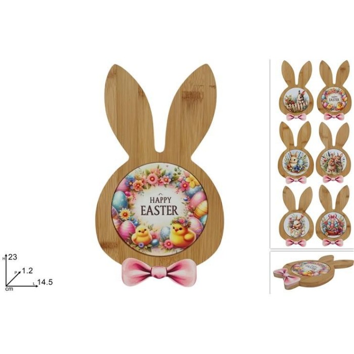 TAGLIERE LEGNO CONIGLIO CON DECORO CERAMICA 6ASS